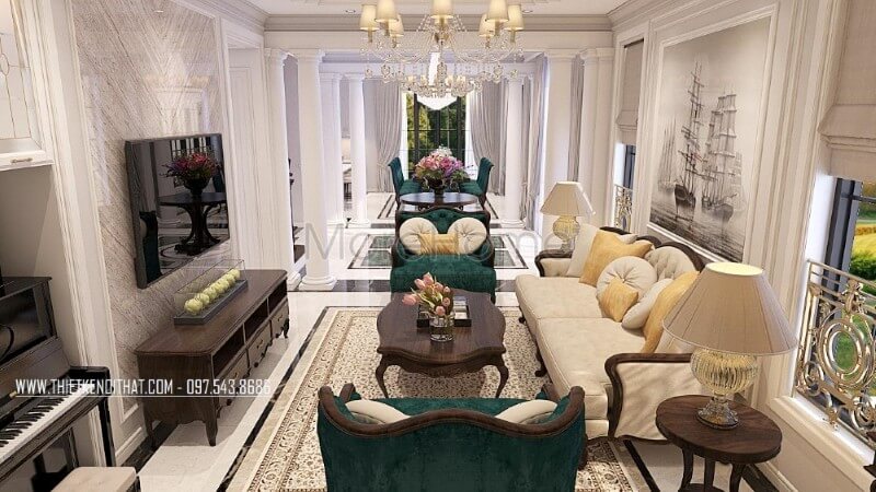 Thiết kế nội thất phòng khách biệt thự cao cấp phong cách tân cổ điển ấn tượng bởi các đường nét sắc nét và chi tiết tỉ mỉ, tinh tế ý tưởng thiết kế phòng khách đẹp tiện nghi nhất