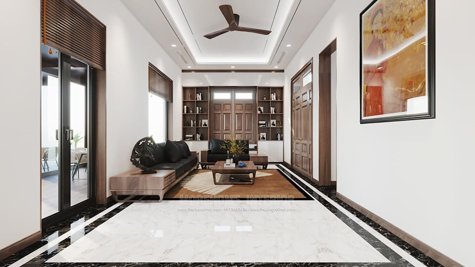 Thiết kế nội thất gỗ óc chó cho phòng khách nhà phố, không gian tiếp khách sang trọng, hiện đại Tập hợp các mẫu bày trí phòng khách đẹp tiện nghi