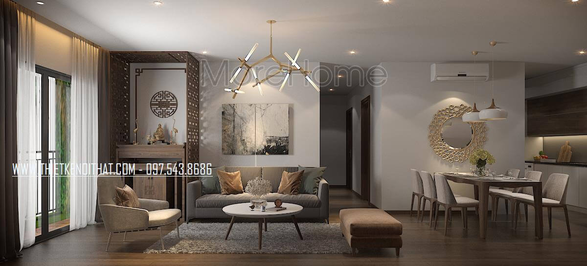 Thiết kế nội thất phòng khách hiện đại nhờ vào sự kết hợp của mẫu sofa văng bằng nỉ, đôn sofa, bàn trà hiện đại Tập hợp các mẫu bày trí phòng khách đẹp tiện nghi