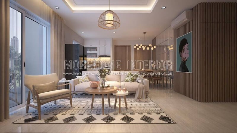 Không gian phòng khách với đồ nội thất cần thiết thiết kế hiện đại ấn tượng được phân cách bởi tấm thảm trải sàn họa tiết lạ mắt, mang đến sự thu hút đặc biệt Các ý tưởng thiết kế phòng khách sang trọng và cao cấp