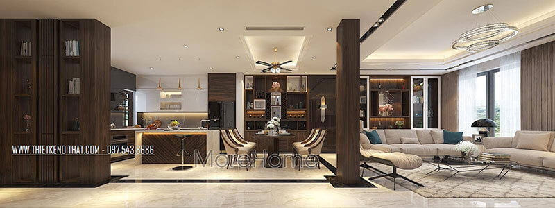 Thiết kế phòng khách liên bếp với nội thất gỗ tự nhiên sang trọng Các ý tưởng thiết kế phòng khách sang trọng và cao cấp