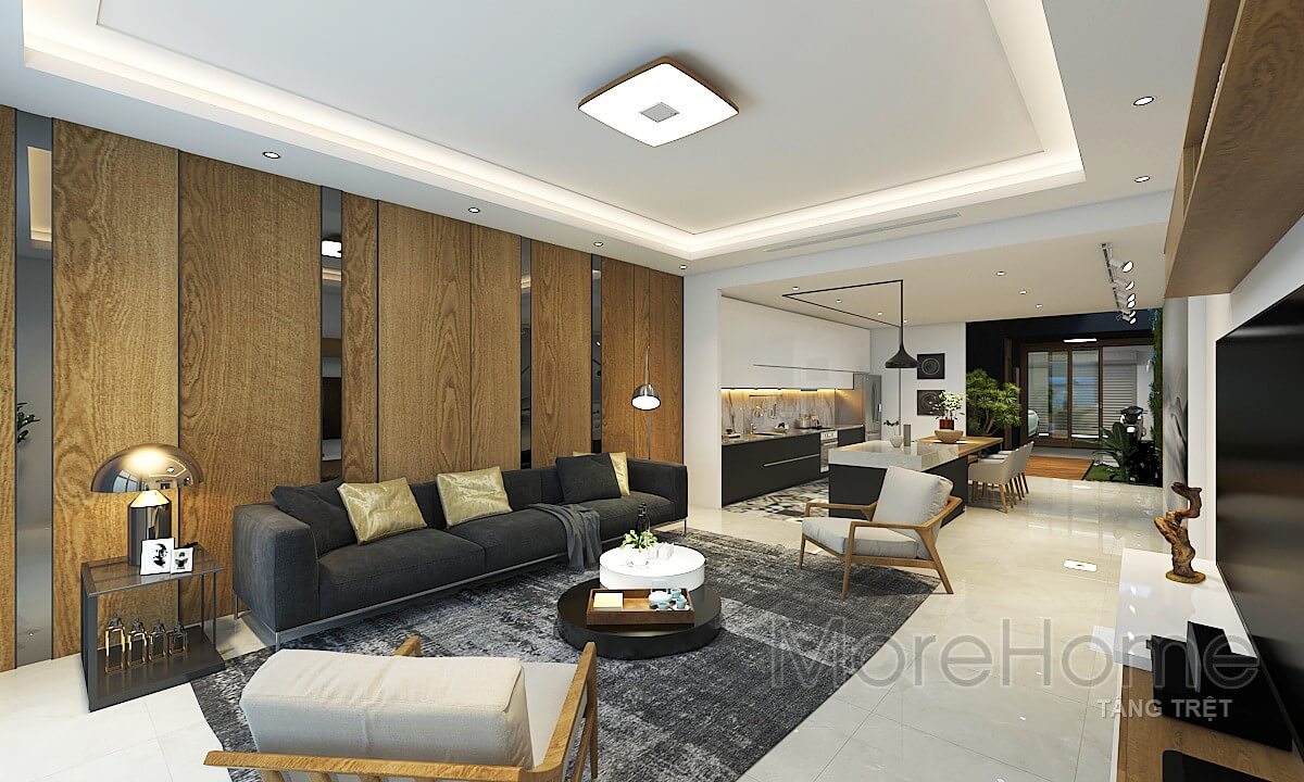 Lựa chọn nội thất gỗ, kính cường lực giúp phòng khách trông mát mẻ và có ánh sáng tự nhiên trong phòng Những ý tưởng thiết kế phòng khách đẹp tinh tế