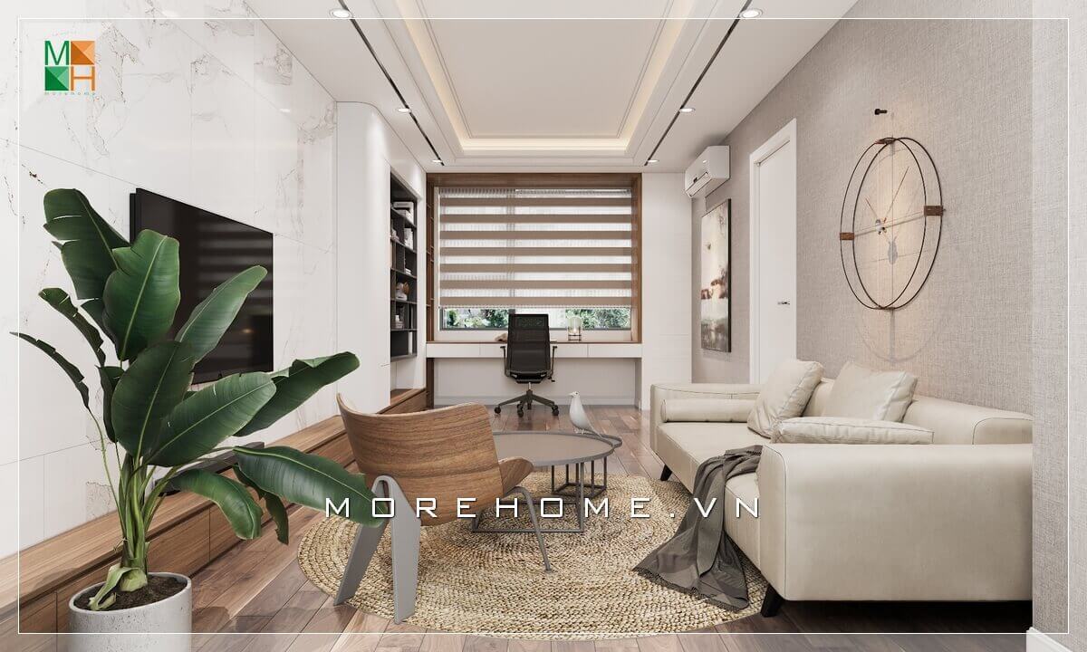 Gợi ý mẫu thiết kế nội thất không gian phòng khách kết hợp có bàn làm việc có cửa sổ lớn thông thoáng hiện đại và tiện lợi cho chung cư, nhà phố. Những ý tưởng thiết kế phòng khách đẹp tinh tế