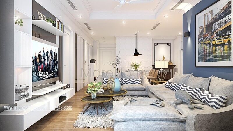 Nội thất phòng khách hiện đại ấn tượng với tone màu ghi xám chủ đạo tạo nên một nét đẹp tinh tế, trẻ trung trong mẫu thiết kế chung cư đẳng cấp này bật mí các mẫu bày trí phòng khách ấn tượng