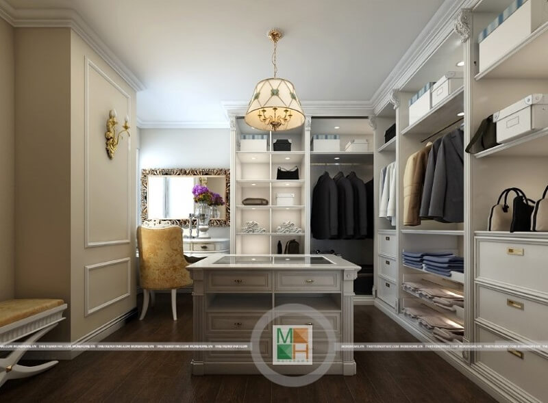 Mẫu thiết kế nội thất chung cư Mandarin với phòng thay đồ sang trọng sử dụng đồ gỗ nội thất gỗ tự nhiên cùng tông màu trắng chủ đạo. Thiết kế chung cư