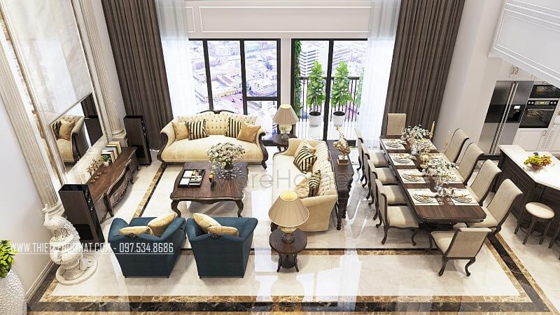 Sofa phòng khách bọc nỉ gỗ óc chó tân cổ điển đẹp tinh tế Thiết kế chung cư