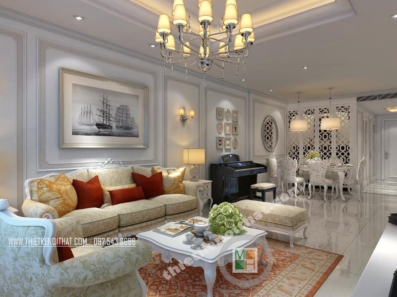 Trang trí nội thất phòng khách chung cư cao cấp phong cách tân cổ điển ‘Thiết