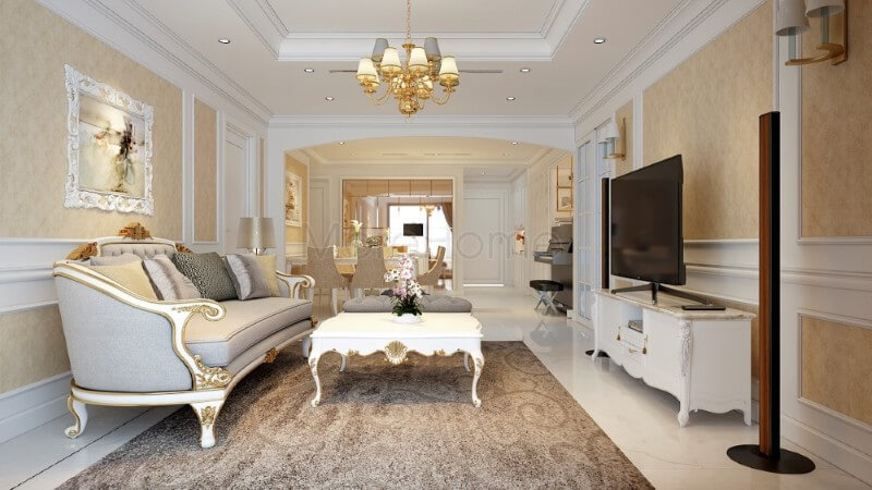 Mang đậm phong cách thiết kế tân cổ điển, sự tinh tế trong mỗi chi tiết trang trí tối giản tạo nên nội thất phòng khách chung cư sang trọng, tinh tế mà không kém phần nổi bật Thiết kế phòng khách tại Hà Nội