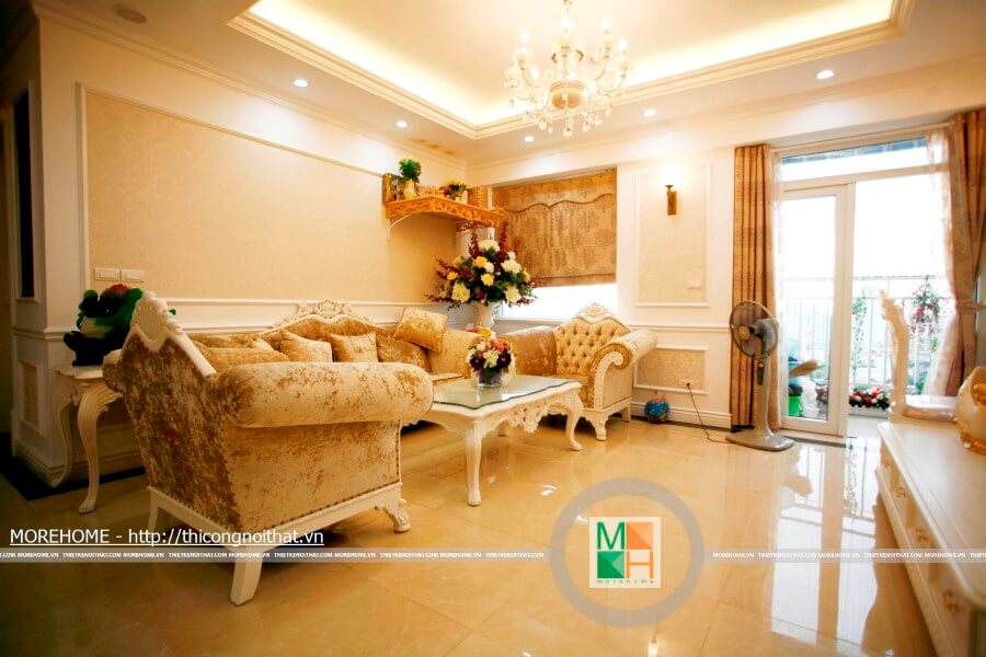 Nội thất phòng khách tân cổ điển tập trung vào không gian trang trọng, ấm áp tối ưu diện tích sử dụng Thiết kế phòng khách tại Hà Nội