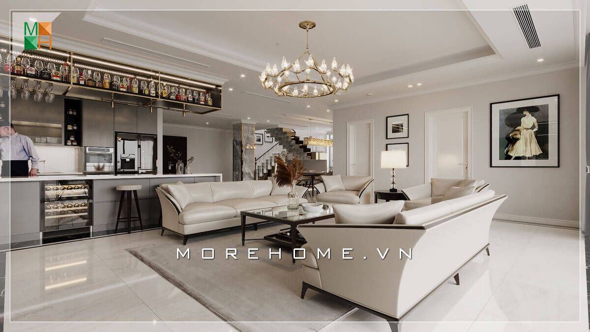 Với tone màu trắng chủ đạo thì bộ bàn ghế sofa cao cấp màu trắng là một sự kết hợp hoàn hảo tạo nên một không gian phòng khách sang trọng và tiện nghi, Thiết kế phòng khách tại Hà Nội