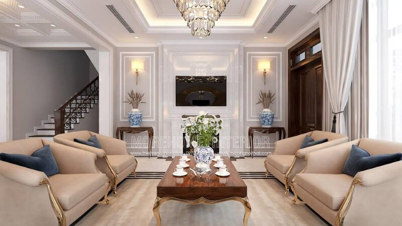 Bố trí nội thất phòng khách tân cổ điển đẹp, sang trọng tại Palm Garden. Top mẫu phòng khách hot nhất năm