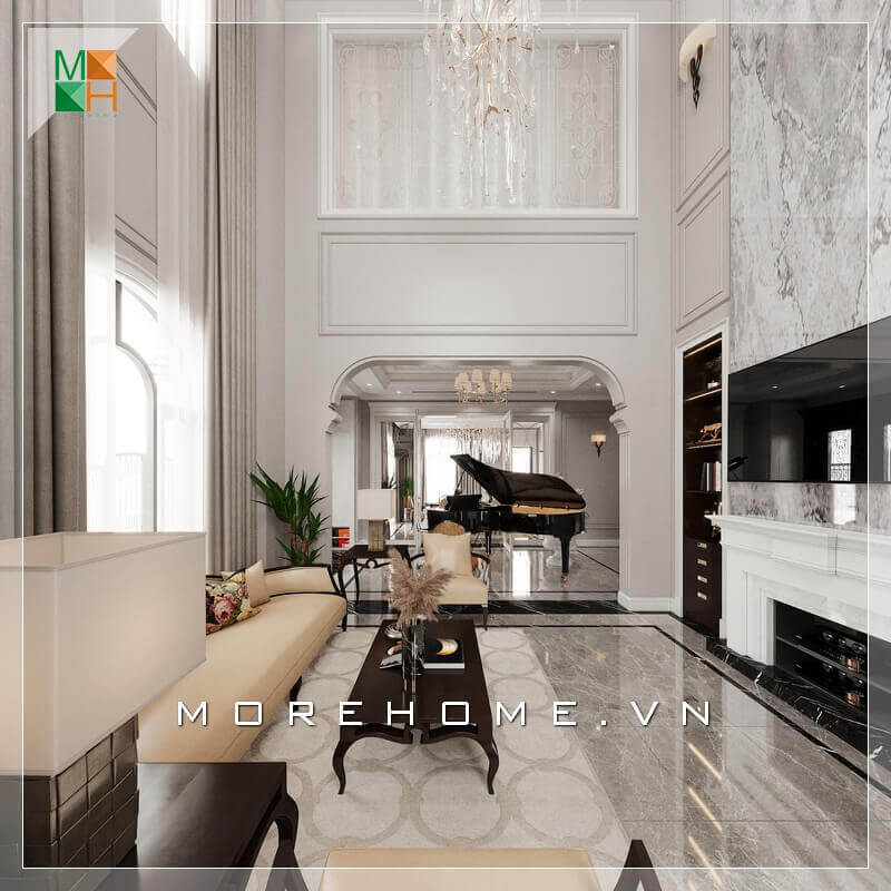 Morehome gợi ý cho bạn mẫu thiết kế nội thất không gian phòng khách tân cổ điển sang trọng, cao cấp cho biệt thự, nhà phố, penthouse , chung cư cap cấp. Top mẫu phòng khách hot nhất năm