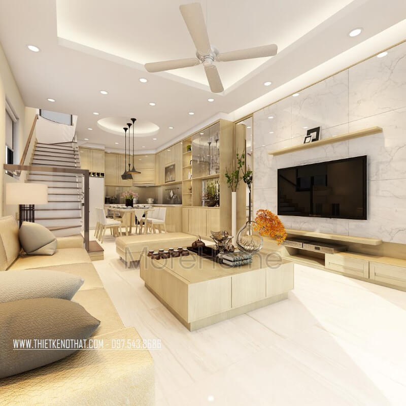 Nội thất phòng khách với tông màu pastal nhẹ nhàng từ gỗ tạo cảm giác dễ chịu và sự tinh tế trong không gian phòng được thoáng rộng hơn. Mẫu thiết kế nội thất phòng khách bằng gỗ đẹp