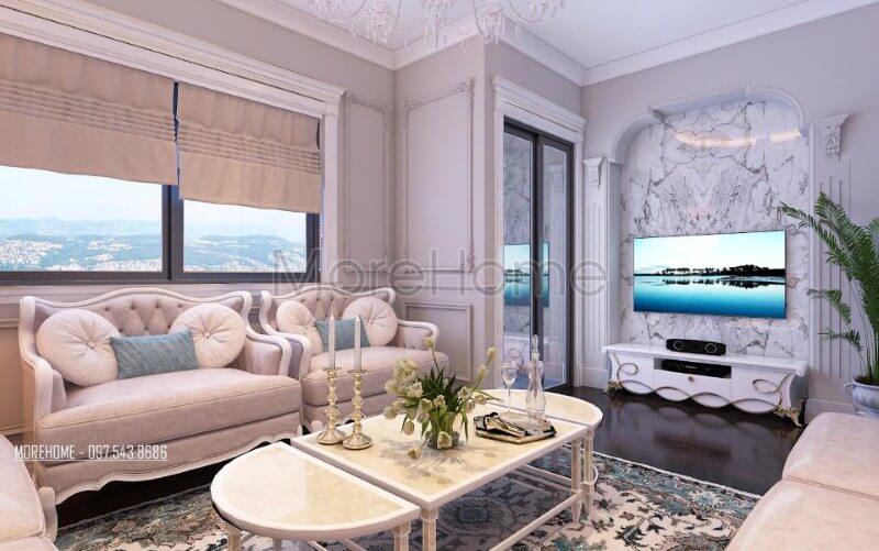 Mang thêm luồng gió mới vào trong các mẫu thiết kế nội thất, kiến trúc sư Morehome đã mang lại cho gia chủ tại chung cư Ruby Tower một không gian nội thất phòng khách độc đáo, mới lạ nhưng không kém phần tiện nghi và sang trọng. Thiết kế phòng khách chung cư đẹp miễn chê