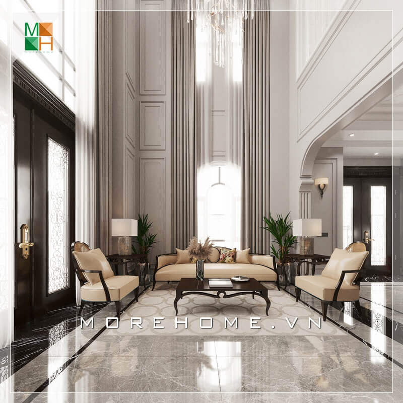 Thiết kế không gian phòng khách tân cổ điển rộng và đẳng cấp với mẫu bàn ghế phòng khách bàn gỗ tự nhiên cao cấp, ghế sofa bọc da sang trọng. Thiết kế phòng khách chung cư đẹp miễn chê