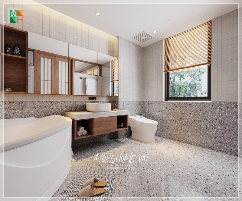 Phòng tắm được trang bị bồn tắm hiện đại, được sắp xếp hợp lí khoa học và phù hợp với sử dụng và kiến trúc của phòng.