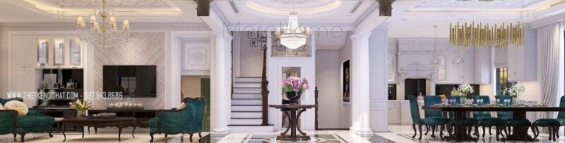 Mẫu biệt thự 3 tầng tân cổ điển xuyên suốt chất liệu là gỗ óc chó nhập khẩu, mang đến một không gian sống đẳng cấp, khắc họa được rõ sở thích và cá tính của gia chủ