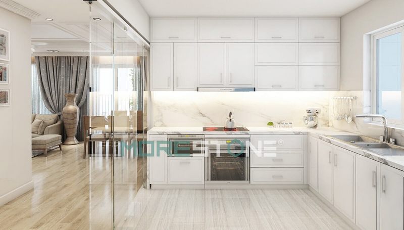 Màu trắng vân mây của đá ốp bếp mang lại vẻ đẹp mềm mại, độc đáo và tinh tế cho nội thất phòng bếp.