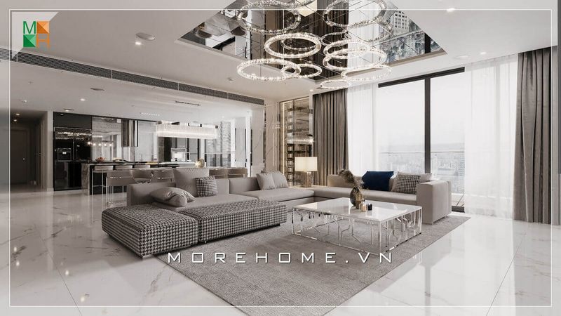 Sofa phòng khách được thiết kế bằng gỗ bọc nỉ màu xám kết hợp với bàn trà hiện đại sẽ góp phần làm nên sự sang trọng và cao cấp cho không gian phòng khách.