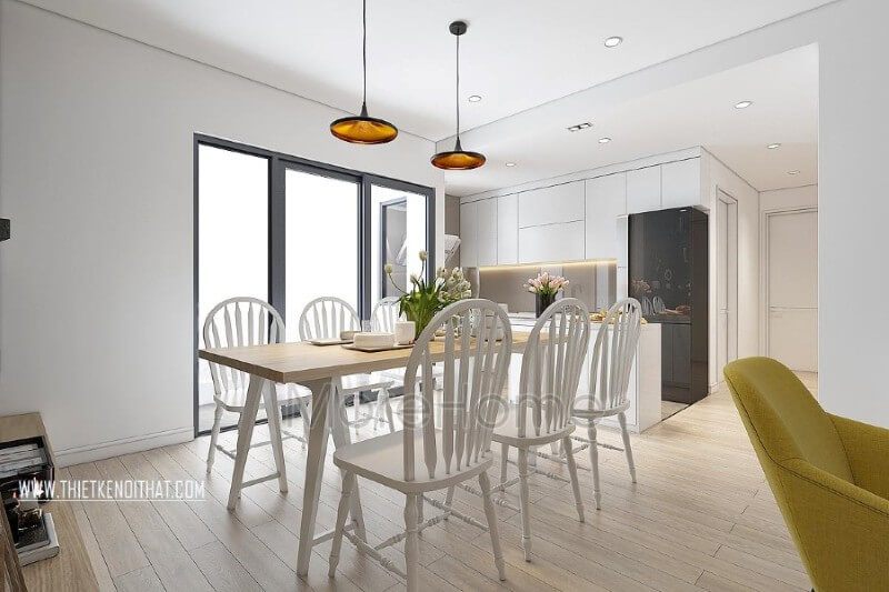 Thiết kế phòng ăn hiện đại khung cửa rộng, sử dụng kính cường lực làm vật liệu chính giúp ánh sáng tự nhiên được tràn vào nhà, mang lại những bữa cơm ngon miệng cũng như thuận tiện hơn cho các thành viên trong gia đình.