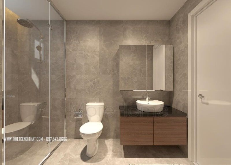 Vách kính cường lực được các kiến trúc sư lựa chọn để cả hai đều được đảm bảo: tính công năng và tăng độ mở cho căn phòng tắm nhỏ.