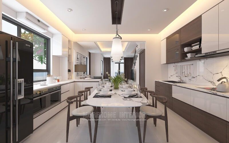 Mẫu tủ bếp gỗ công nghiệp với gam màu trắng chủ đạo sẽ giúp tạo nên một không gian nhà bếp trẻ trung, thoải mái và có vẻ sang trọng.